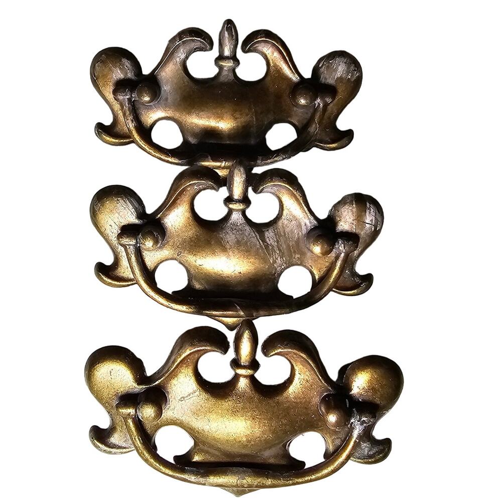 Lot of 3 Vintage Antique Drop Handle Solid Brass Drawer Pulls Original Hardware